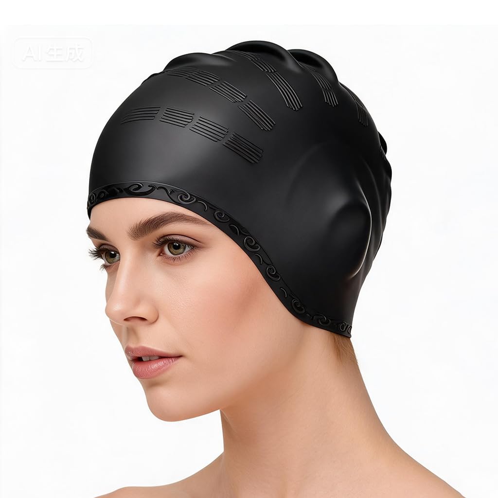 Silicone Swim Cap with 3D Ear Protection, Waterproof Swimming Cap for Long & Short Hair, Anti Slip Swim Hat for Women Men Adults & Youth, Lightweight Swimming Cap for Training Pool Fitness (Black)