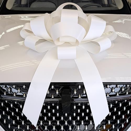 Image of CarBowz Big Car Bow for Decorations and Birthday Gifts, Large Ribbon, Magnet, Safe Sticker Included, Fully Assembled 30 inch Wide Huge Bow, No Suction Cup Needed (White)