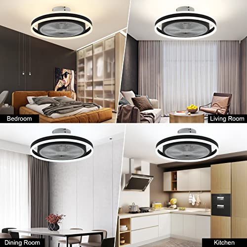 Ceiling Fan With Lights Remote Control 20" Enclosed Low Profile Ceiling Fan With Light Flush Mount Bladeless Ceiling Fan 3 Speed 3 Color Dimmable 72W Modern Ceiling Fan Light Kit For Bedroom Kitchen #TOP1