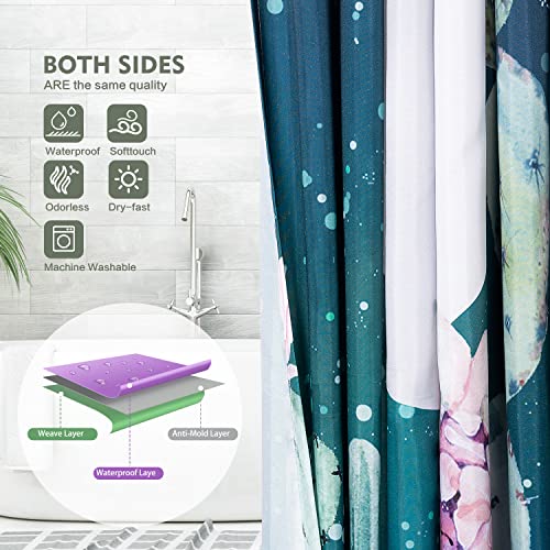 Lokigo Moon Star Shower Curtains, Teal Blue Shower Curtain, Modern Plant Cactus Floral Shower Curtains For Bathroom, Waterproof Fabric Shower Curtain Set With Hooks Green Bathroom Curtain Decor 72X72 #TOP3