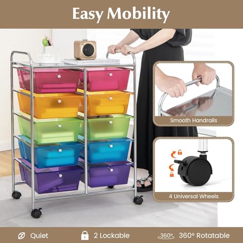 Image of LDAILY 10 Drawer Rolling Cart, Storage Cart Organizer on Wheels, Drawer Cart with Metal Frame & Large Storage Capacity, Rolling Cart with Drawers for Living Room Classroom, Office
