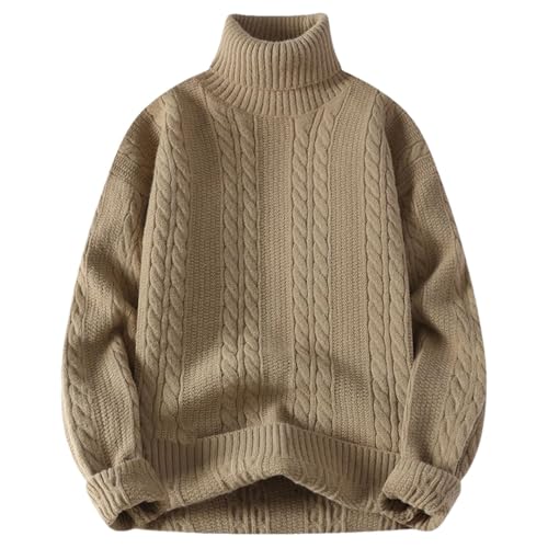 Men’S Loose Fit Solid Turtleneck Knitted Pullover Sweater Vintage Youthful Vitality Long Sleeve Jumper Top