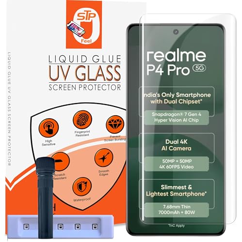 Image of STP FEEL HD+ UV Tempered Glass Screen Protector Guard Compatible For Realme P4 Pro 5G (6.8 Inch, Pack of 1) Full Adhesive Curved UV Case Friendly HD Clarity with easy installation kit