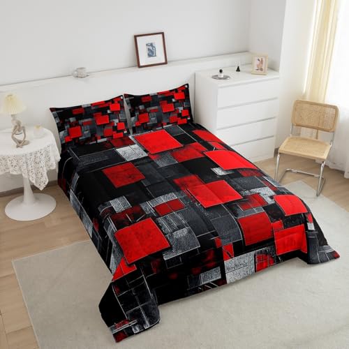 Image of Feelyou Red Black Comforter for Kids Toddler Size Geometric Grid Comforter Set Boys Girls Geometrics Comforter Abstract Art Duvet Insert Bed Set 2Pcs