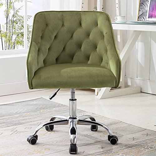 Home Office Desk Chair With Mid-Back Upholstered Modern Tufted Computer Task Chair Swivel Height Adjustable Velvet Accent Chair With Wheels For Living Room Bedroom Study Room Vanity Room (Green) #TOP11