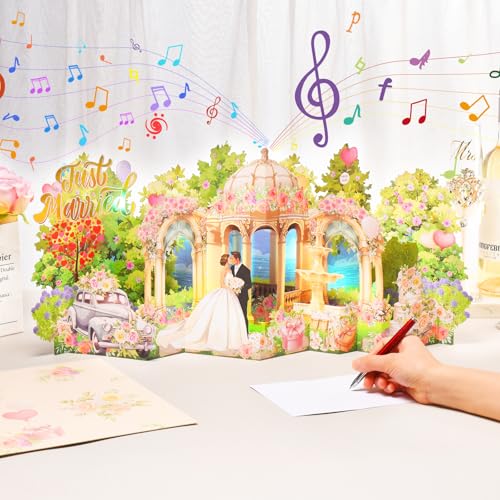 Image of Pop Up Wedding Card, Musical Light Up Just Married Cards for Bride & Groom | 3D Large Accordion Style Wedding Greeting Card, Romantic Paper Wedding Decoration Keepsake Gifts for Bridal Shower Engagement