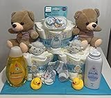  Tarta de Pañales Gemelos, (54 und) con Ositos,Champú,Calcetines, Patitos, Chupetes, Chupeteros, Talco.… Regalo Original para recién nacidos