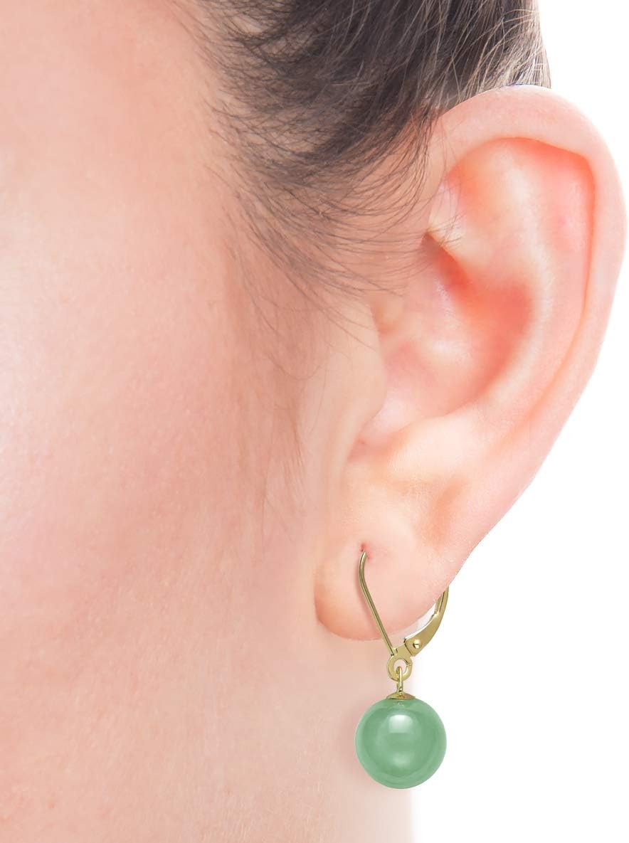 Belacqua Natural Green Jade Round Dangle Drop Earrings in 14K Yellow Gold, Leverback - Closure,Fashion Jewelry for Women, Gift Box Included