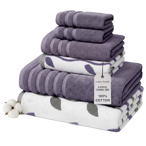 Modern Threads Organic Vines 6-Piece 100% Cotton Towel Set – Yarn Dyed Jacquard & Solid...