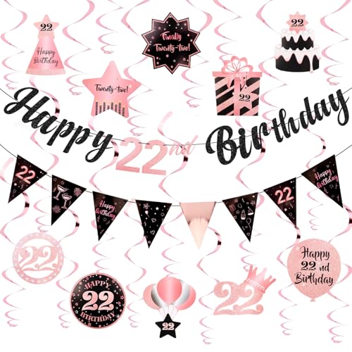 Image of 22nd Birthday Decorations for Her Rose Gold Pink Pre Strung Happy 22nd Birthday Banner and Hanging Swirls 22 Year Old Party Decorations Supplies