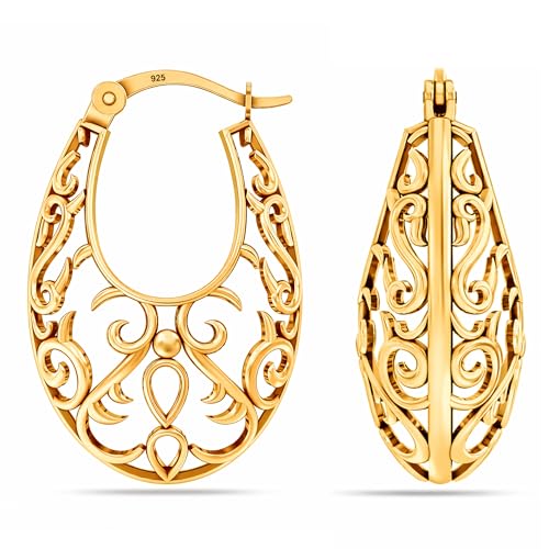 Image of TRUESILVER ACPL 925 Sterling Silver BIS Hallmarked Filigree Hoop Earrings for Women & Girls | Lightweight Designer Oval /Round Hoops | Everyday Wear | Gift for Her