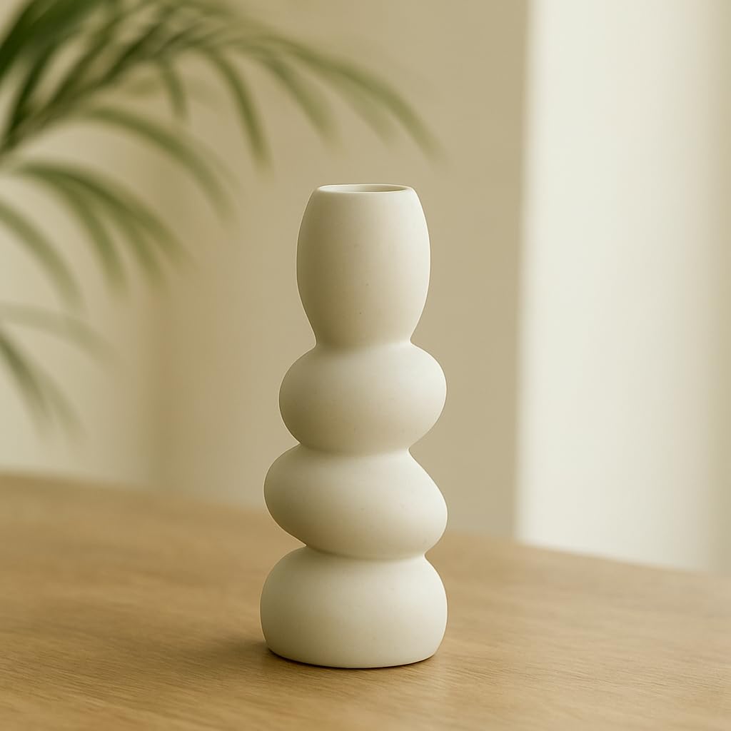 Matte Ceramic Decorative Vase for Living Room Unique Sculptural Design | 8.5 inch Tall Flower Vase for Home Décor | Minimalist Off-White Table Vase for Pampas Grass, Artificial Flowers & Centerpieces-image-17