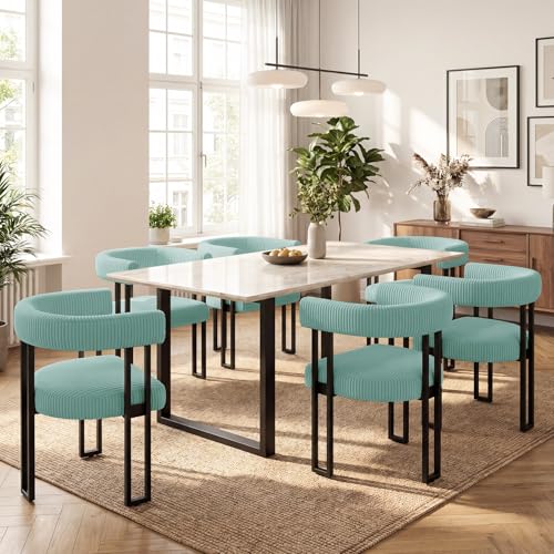 Image of Modern Corduroy Dining Chairs Set of 6 with Metal Legs,Comfy Accent Dining Room Chairs Upholstered Kitchen Side Chairs with Curved Backrest for Dining Room Kitchen Living Room (Mint,6)