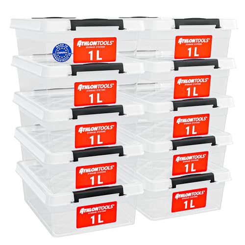 ATHLON TOOLS Set de 10 cajas de almacenamiento de 1L con tapa – 100% material virgen – transparentes – sin BPA – cajas apilables – clips de cierre grises – casi herméticas – organizador