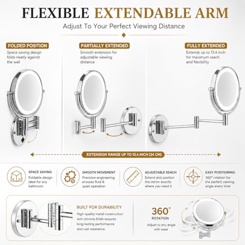 Image of ZAP LED Makeup Mirror with Light | 8 Inch Wall Mounted Double Sided Vanity Mirror | Brass & Stainless Steel | 3X /1X Magnification | Chrome Finish Bathroom Mirror