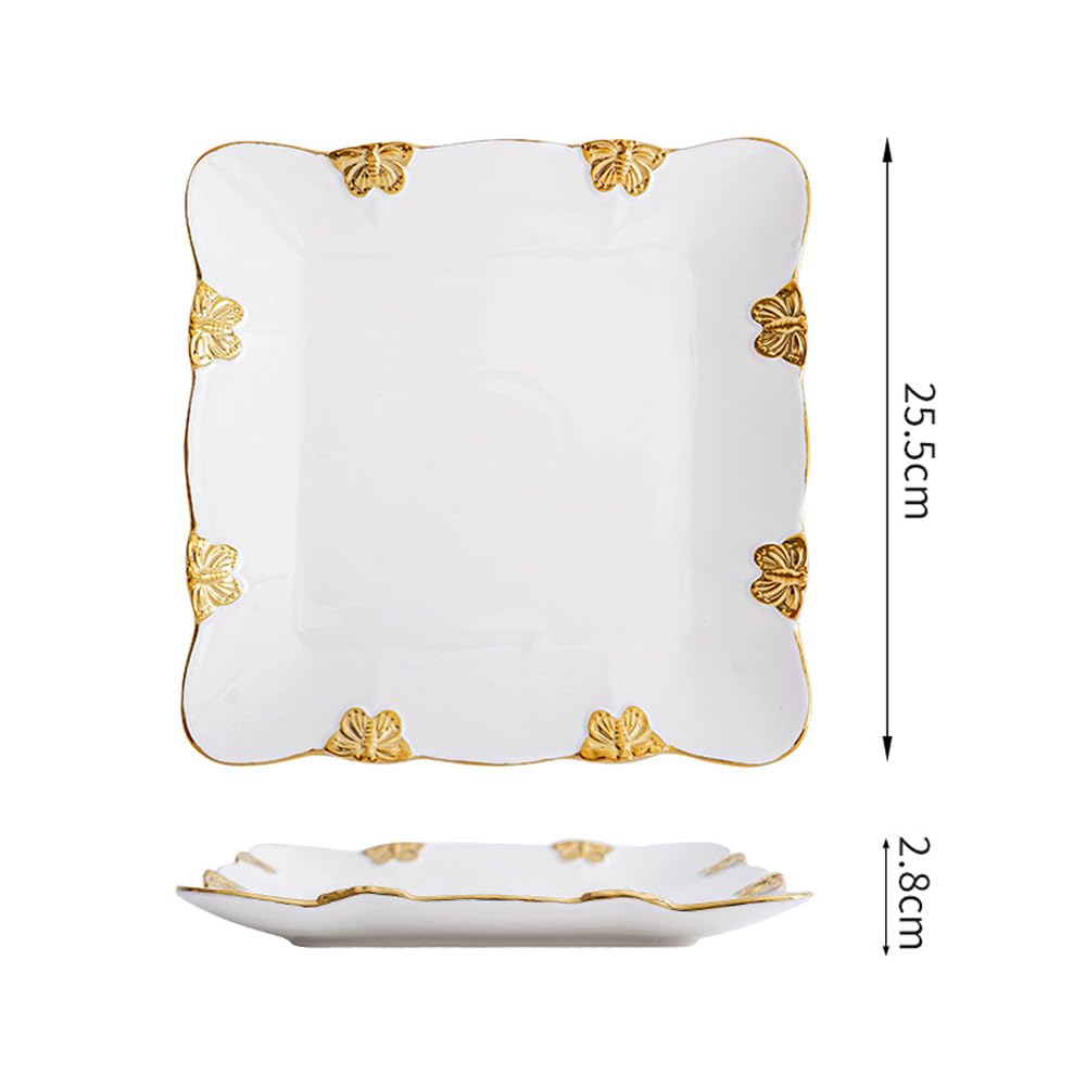 Gold-rimmed Steak Plate Ceramic Western Breakfast Tableware Home Dining Dessert (Square plate,10-inch)