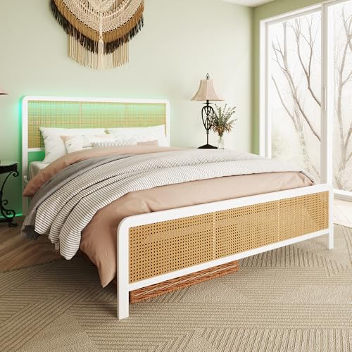 GAOMON Queen Size Rattan Platform Bed Frame with Led Light Headboard, Modern Style Cane Boho Bed Frames with Sturdy Steel Slat Support, Heavy Duty Bed