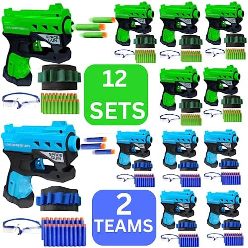 Wishery Accessories for Nerf Party Supplies - 12 Kids. Bulk Birthday Favors Pack - Toy Guns, Wrist Bullet Holders, Foam Darts, Face Masks & Safety Glasses for 2 Teams - Boys & Girls Ages 4+ Years Old