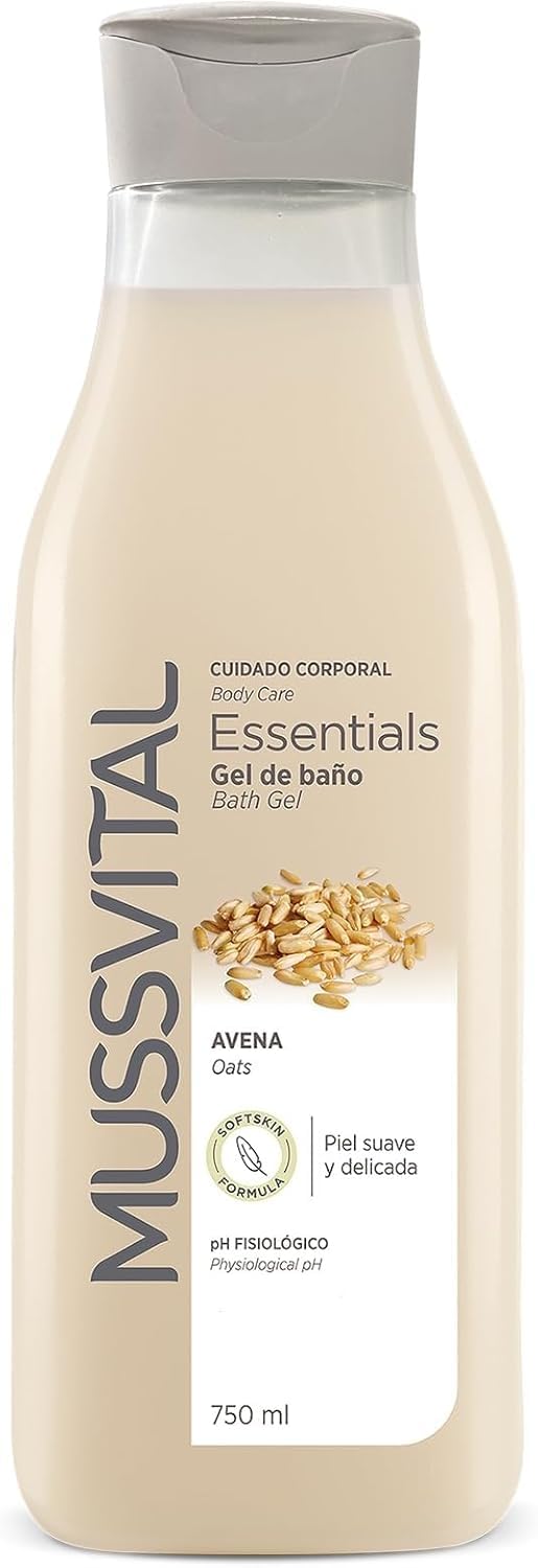 MUSSVITAL Essentials Gel de Baño Avena 750 ml, pH 5.5 Fisiológico, con Pantenol, Base Lavante Suave, Limpieza Diaria de la Piel, Higiene Corporal