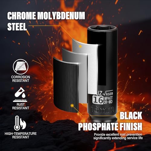 Image of 1 /2 Inch Drive 16mm Deep Metric Impact Socket,CR-MO,6 Point Radius Corner Design,Square Chamfered Opening,Axle Nut Impact Grade Socket for Easy Removal