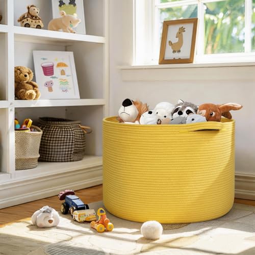 Image of MEGASKET Extra Large 115L Yellow Basket, 23.6 inch x15.7 Cotton Rope Yellow Decor for Living Room Bedroom, Woven Basket for Blanket, Laundry, Towel, Shoe, Kids Toy Box Organizer, Room Decor Storage Bin