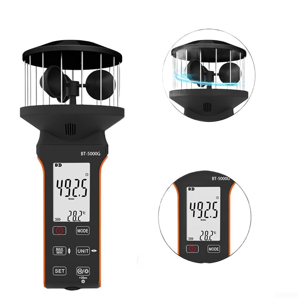 Anemómetro digital de copa BT-5000G con carga USB C – Medidor de viento para m/s, nudos, km/h, medidor portátil para vela, escalada, deportes al aire libre – Negro Naranja 203 x 87 mm