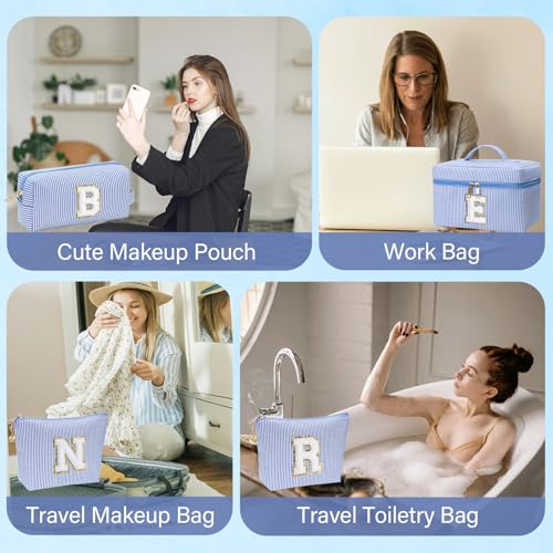 Personalized Monogram Makeup Bag, 3PCS Custom Monogrammed Toiletry Cosmetic Bag for 6-18 Teen Girls Women,Birthday Graduation Gifts Initial Pouch Makeup Bags for Women Girls, Make Up Bag (M, Blue)4