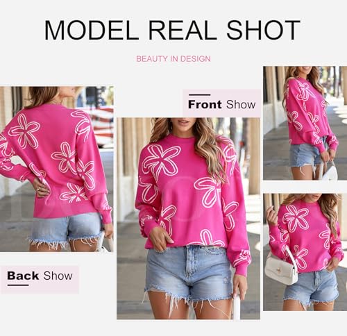 Dokotoo Sweaters For Women Stylish Relaxed Round Neck Floral Printed Long Sleeve Pullover Sweaters Cute Comfy Lightweight Solid Dropped Shoulder Knitted Sweater Tops Outerwear Rose Red L thumb #3
