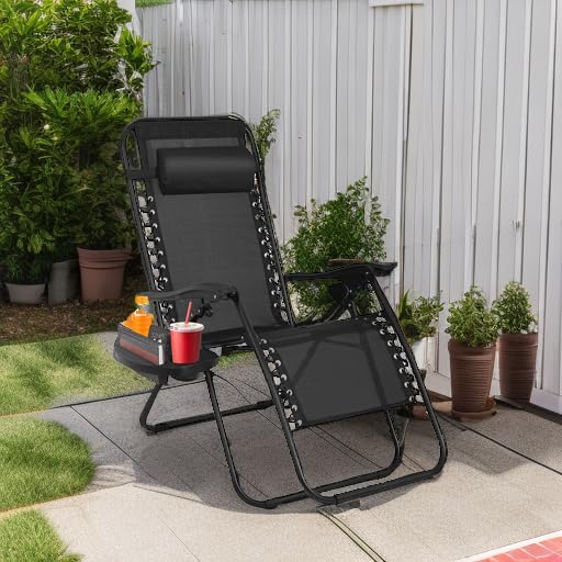 FDW Zero Gravity Chair Patio Chairs Lounge Patio Chaise 1 Pack Adjustable Reliners for Pool Yard with Cup Holder (Black)