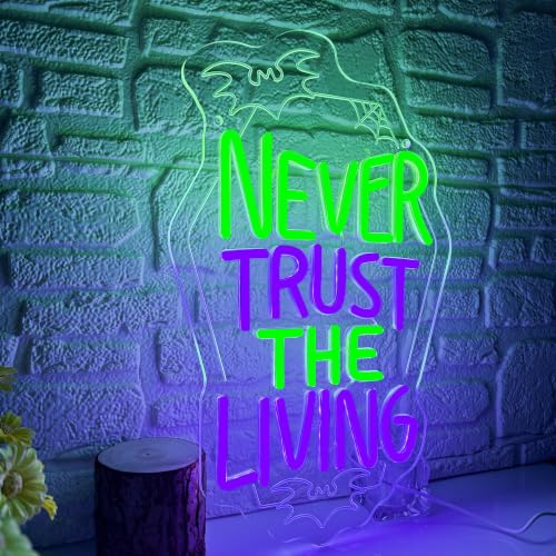 Image of Never Trust The Living Coffin Neon Sign Halloween Tombstone Neon Light LED Spooky Gothic Wall Decor USB Powered, for Home Theater Halloween Party Spooky Theme Movie Lounge Stage Bar(15.7 * 9.8 In)