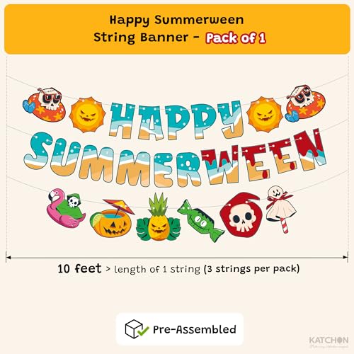 Image of Katchon, Happy Summerween Banner - 3 Strings Pre-Strung, 10 Feet Each, Summerween Party Decorations, Summer Halloween Decorations for Pool Party, Beach Party & Tropical Spooky Celebration