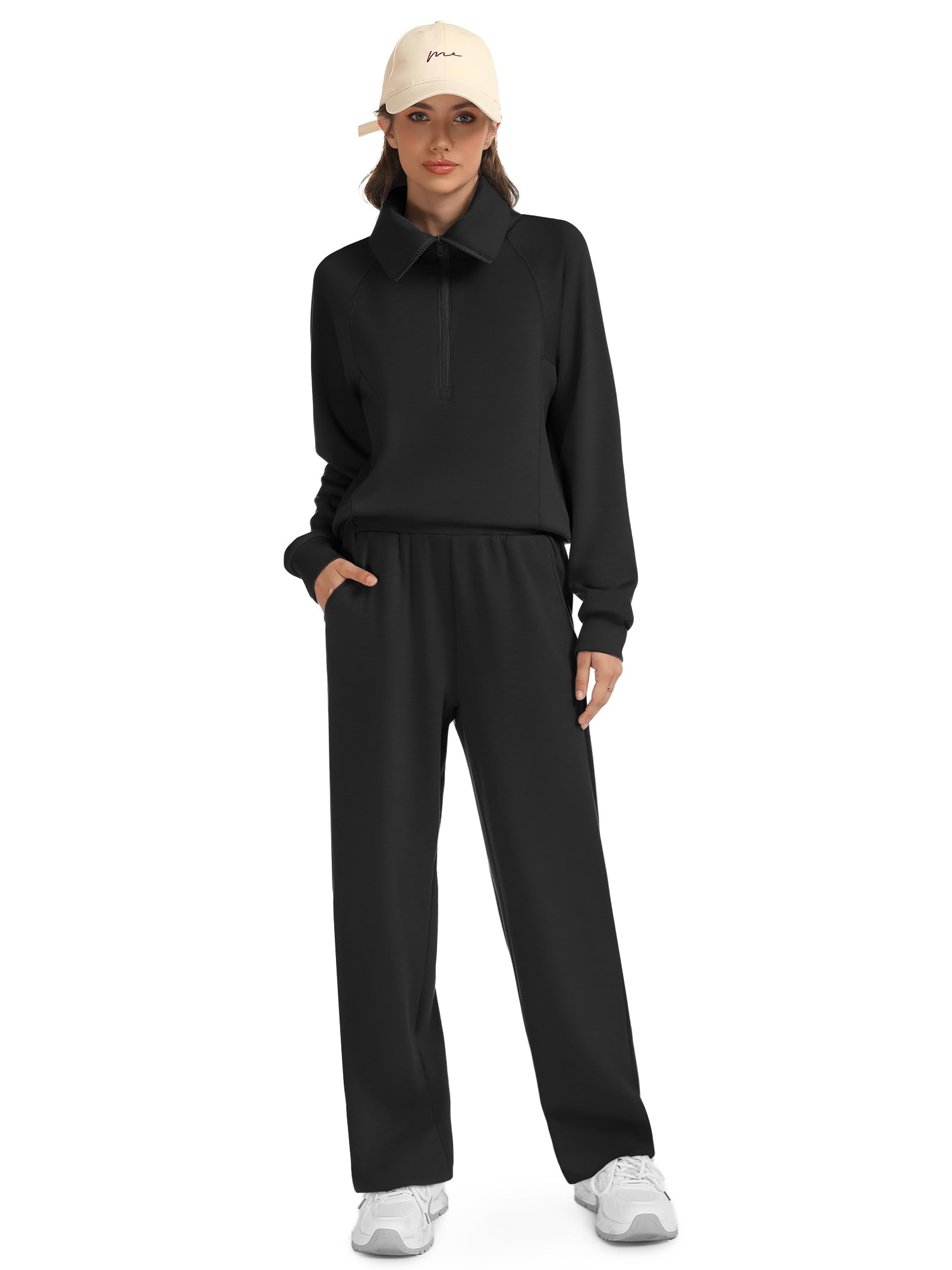 Casly Lamiit Conjunto de 2 piezas para mujer, sudadera con solapa y media cremallera, pantalones deportivos a juego, conjuntos de otoño