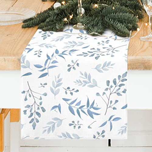 Fjpt White Blue Leaves Table Runner 13 X 72 Inch, Flower Plants Burlap Table Runners Anniversary Kitchen Dining Table Decoration For Spring Holiday Party Decor #TOP1
