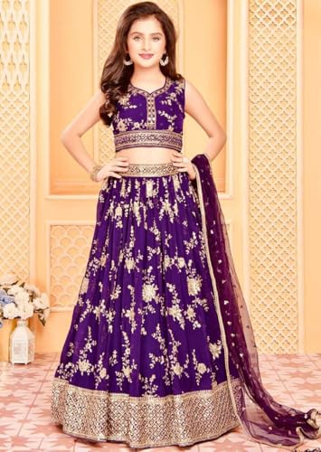 Traditional Purple Lehenga Choli for Girls, Gold Embroidered Floral Design, 3-Piece Wedding Dress with Dupatta4