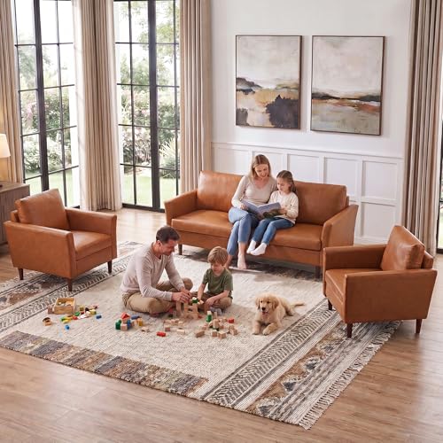 Image of Kingfun 3 Piece Living Room Furniture Sets, 3 Seater Couch and 2 Armchair, Faux Leather Couch Set, Mid Century Modern Sofa Set with Solid Wood Frame for Living Room, Office, Mid Brown