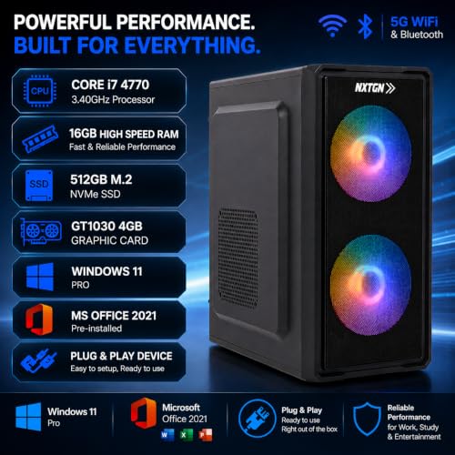 Image of NXTGN Core i7 Desktop PC | Core i7-4770 | 16GB RAM | 512GB M.2 SSD | 4GB GT1030 Graphics | HDMI + VGA Dual Display | USB 3.0 | 5G WiFi & Bluetooth | Windows 11 Pro | MS Office 2021 | 2 Years Warranty