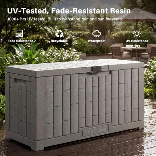Image of EAST OAK Outdoor Storage Box, 60 Gallon Deck Box Indoor and Outdoor Use, Waterproof Resin Storage Bin for Patio Cushions, Gardening Tools, Lockable, UV Resistant, Ash Grey
