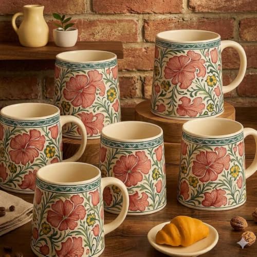 Image of Alive Floral Printed Ceramic Tea /Coffee Mug Set of 6 (300 ml) | Microwave & Dishwasher Safe |Premium Ceramic Mugs for Home, Office & Gifting
