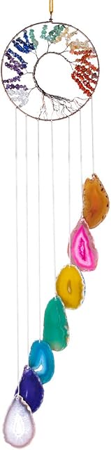 Nupuyai Tree of Life Agate Slices Wind Chimes, 7 Chakra Stone Healing Crystal Hanging Ornament Home Window Wall Art Decor Multicolour