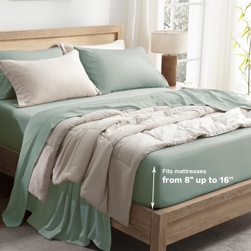 Image of Andency Sage Green Queen Sheets Set 100% Viscose Derived from Bamboo | Cooling Summer Sheets, Deep Pocket Up to 16 inch, Silky Soft Hotel Luxury Breathable Bedding Sheets & Pillowcases