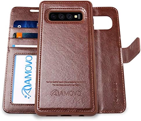 AMOVO Case for Galaxy S10 Plus/S10+ (6.4’’) [2 in 1] Samsung Galaxy S10 Plus Wallet Case Detachable [Vegan Leather] [Wrist Strap] Flip Case with Box Package (S10Plus (6.4'') Brown)