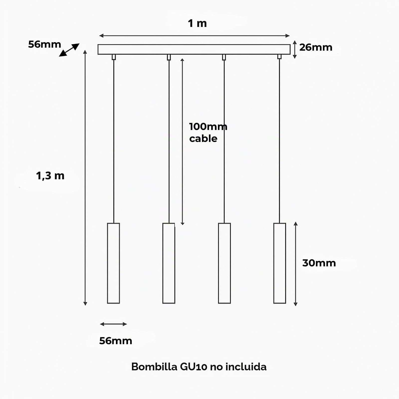 Alpinaluz Lámpara Colgante Lineal Negra de 4 Luces con Tubos de Aluminio de 30 cm y Cable Textil Ajustable, Estilo Moderno y Minimalista para Cocina o Comedor, Portalámparas GU10, Barra de 100 cm