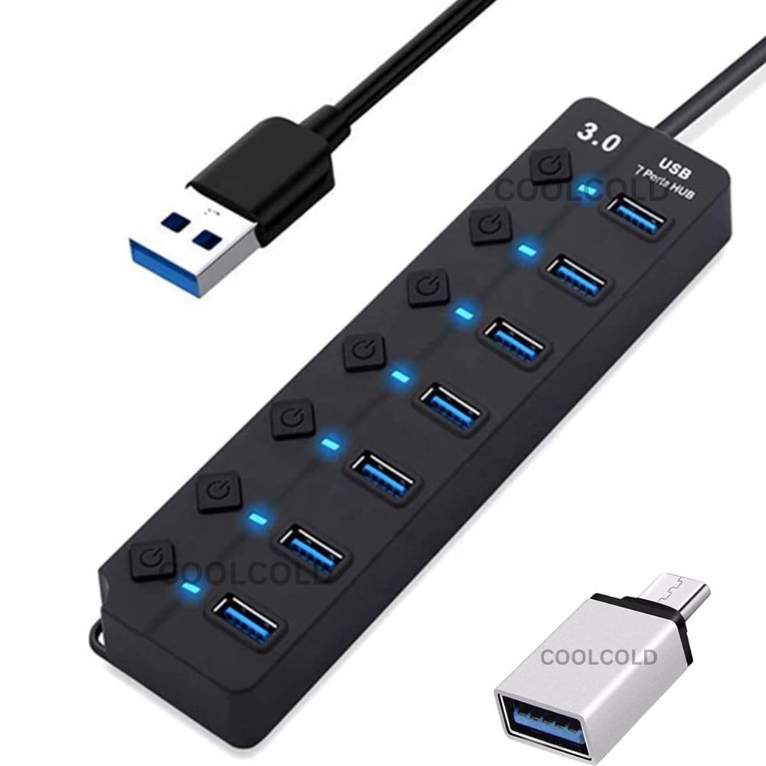 COOLCOLD USB Hub, with Type c Dongle, 7-Port USB 3.0 Hub with Individual Power Switches and Lights, 0.3m Cable, High Speed Extension Hub for PC, Laptop (Black)-picture-13