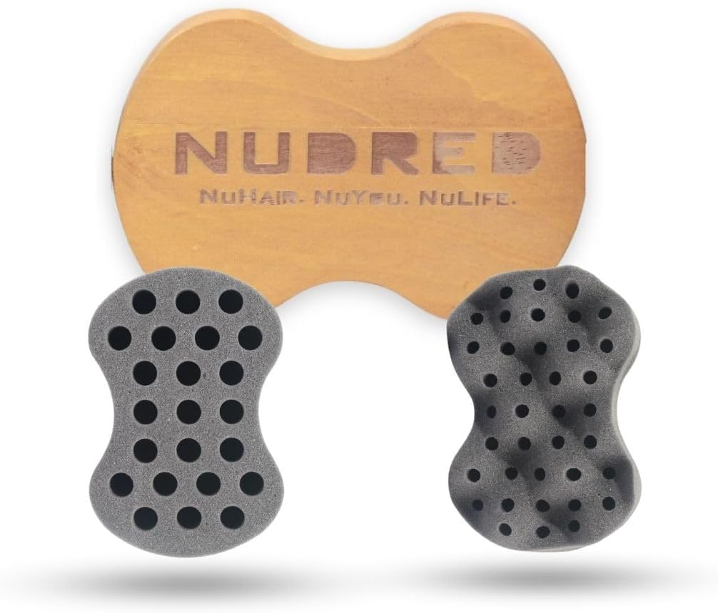 Nudred Wooden Interchangeable Hair Sponges for Black Men & Women With Afro, Natural Hair, Twisting & Curl Sponge Hair Brush, Large and Small Holes for Freeform Dreads, Coils, Curls, Twists and Beards