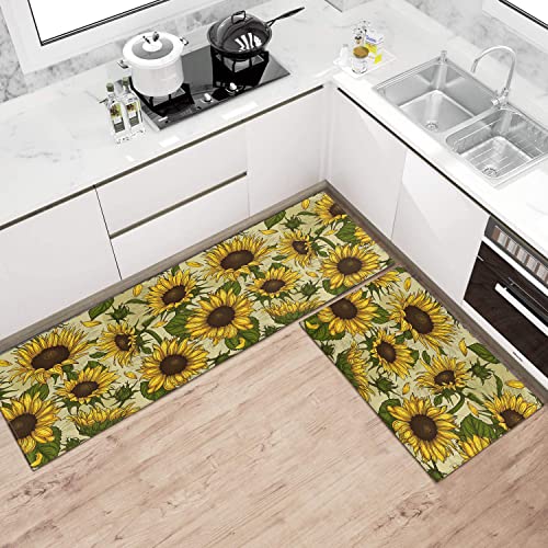 Ideasonna Summer Sunflower Kitchen Rugs Sets Of 2, Sunflower Yellow Kitchen Rug Mat Washable Non-Slip Kitchen Sink Floor Mat Sunflower Kitchen Decor #TOP1