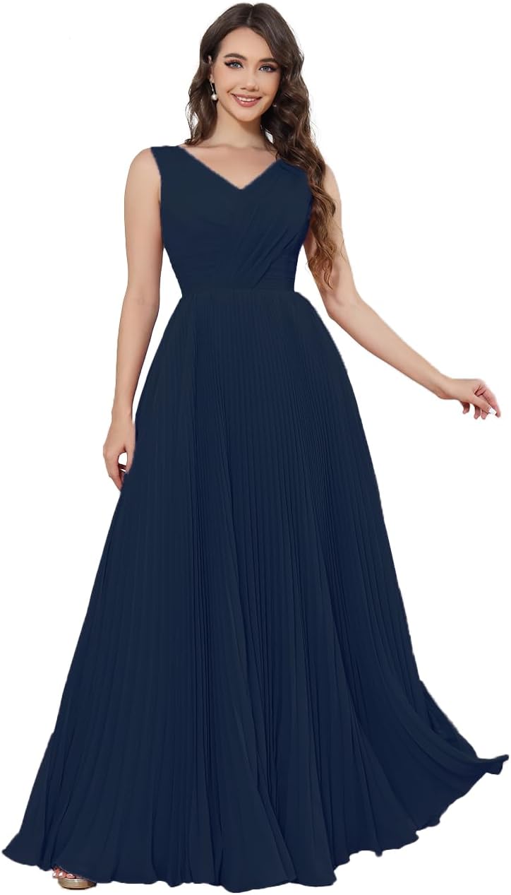 Women's Chiffon V Neck Bridesmaid Dresses Long Pleated A Line Formal Evening Gown with Pockets