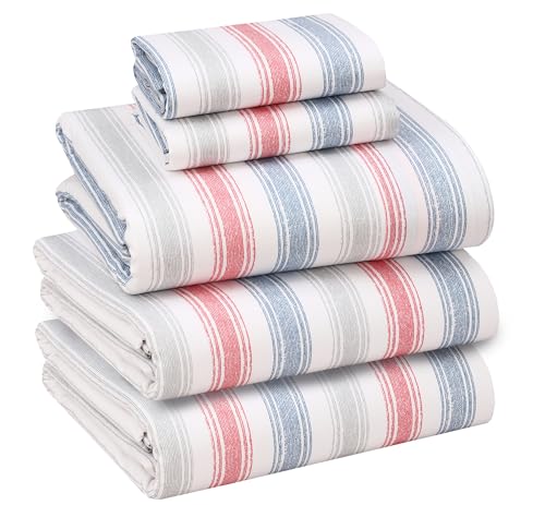 RUVANTI 100% Cotton Split King Sheets Sets for Adjustable Bed, 5 PCs, Soft & Breathable Percale Weave Bedding, Deep Pocket 16", Hotel Standard, Crisp Cool Feel & Durable, Striped Sheet, Times