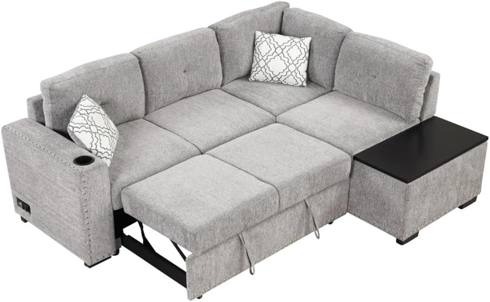 83.8" L-Shaped Sofa,Reversible Sectional Pull-Out Bed,Corner Couch with Storage Chaise, Port