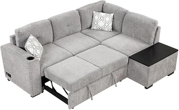 83.8 L-Shaped Sofa,Reversible Sectional Pull-Out Sofa Bed,Corner Couch with Storage Chaise, Port