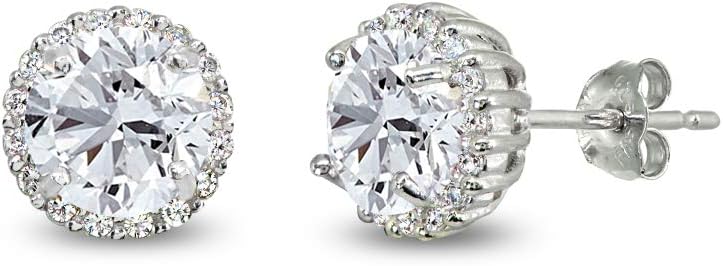 Stud Earrings for Women, Birthstone, Genuine or Synthetic Gemstone, 6mm Round Halo, Dainty, Sterling Silver, Studs